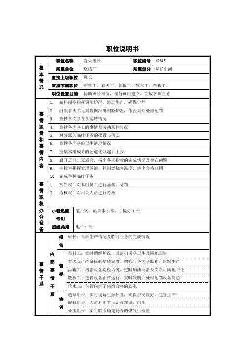 烧结厂竖炉看火组长岗位说明书
