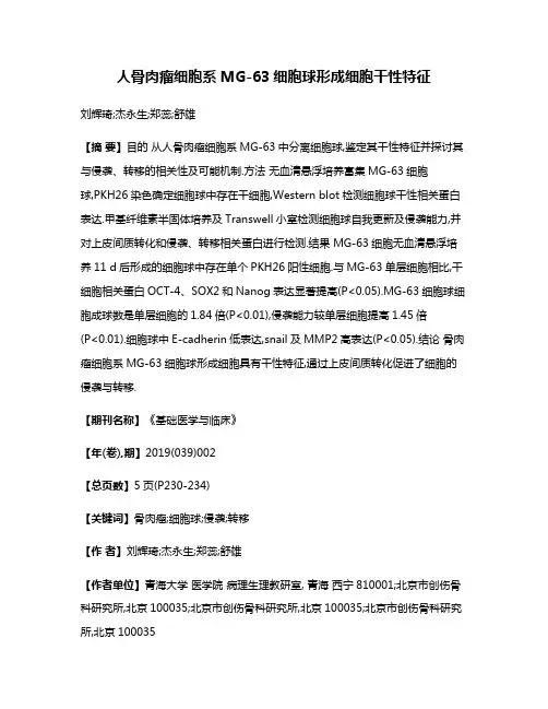 人骨肉瘤细胞系MG-63细胞球形成细胞干性特征