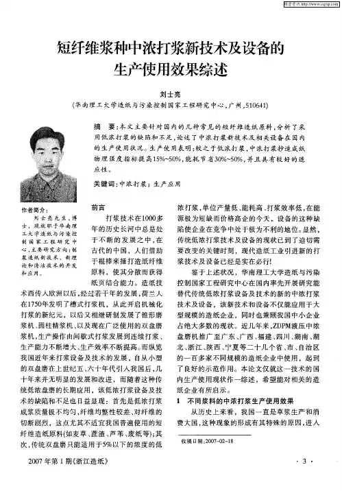 短纤维浆种中浓打浆新技术及设备的生产使用效果综述