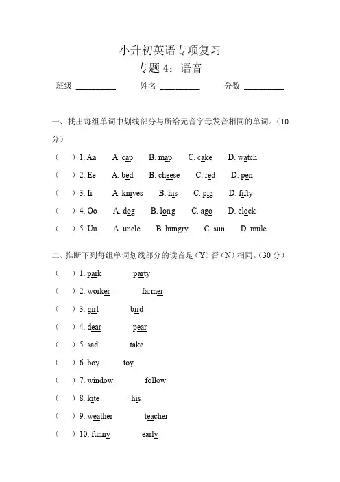 小升初英语专项复习练习题 专题4：语音  通用版
