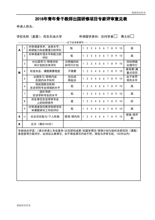 2018年青年骨干教师出国研修项目专家评审意见表 