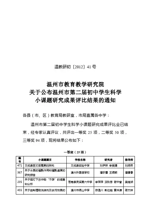 温州市教育教学研究院关于公布第二届温州市初中学生科学小