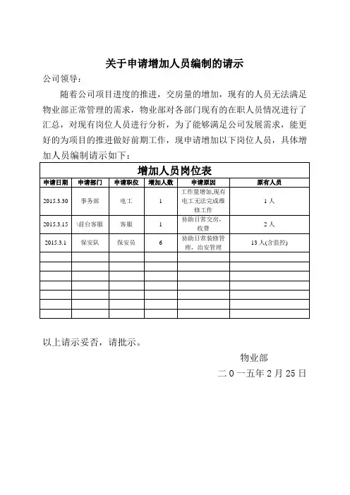 关于申请增加人员编制的请示