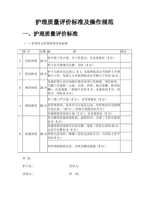 护理质量评价标准及操作规范