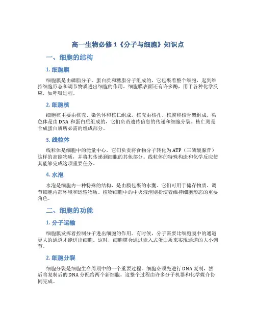 高一生物必修1《分子与细胞》知识点总结