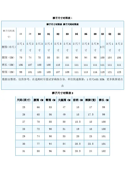 裤子尺码对照表