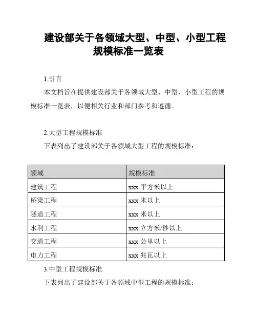 建设部关于各领域大型、中型、小型工程规模标准一览表