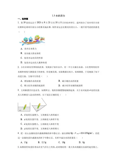13水的浮力练习-2024-2025学年浙教版八年级上册科学