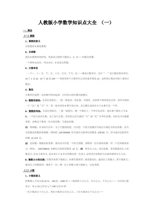 人教版小学数学知识点大全