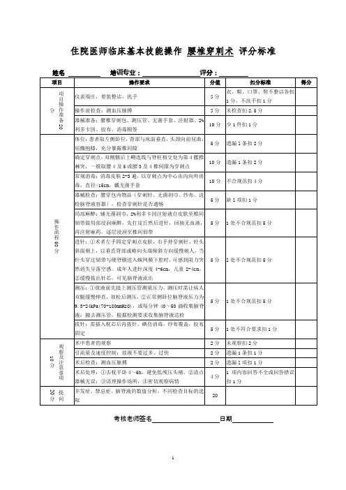 住院医师临床基本技能操作腰椎穿刺术评分标准