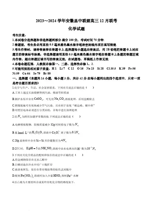 2024届安徽省县中联盟高三上学期12月联考化学试题及答案