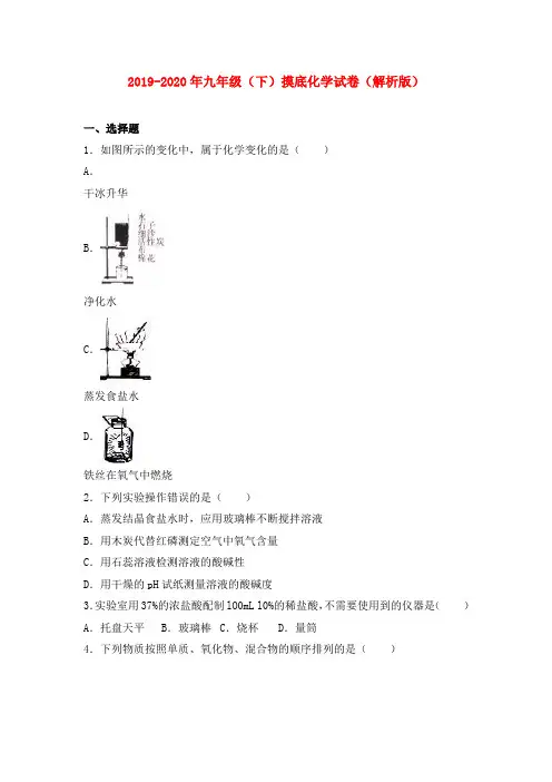2019-2020年九年级(下)摸底化学试卷(解析版)
