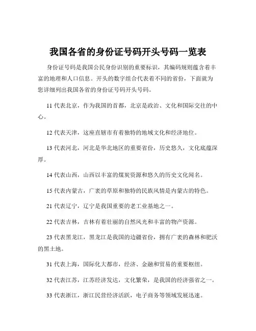 我国各省的身份证号码开头号码一览表