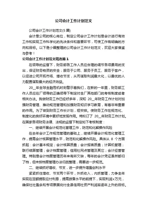 公司会计工作计划范文（5篇）