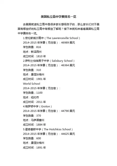 美国私立高中学费排名一览