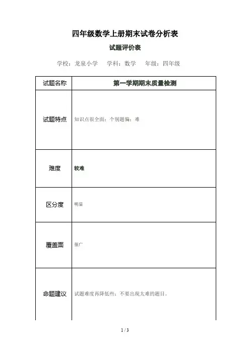 四年级数学上册期末试卷分析表