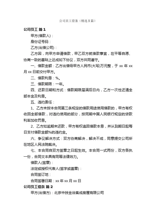 公司员工借条（精选5篇）
