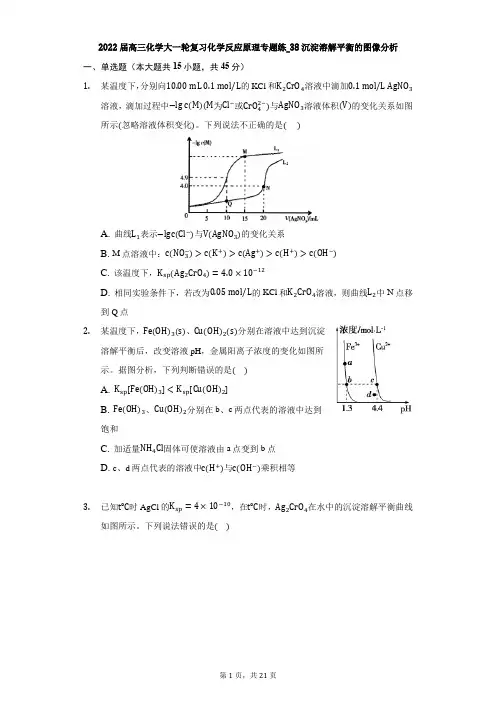 2022届高三化学大一轮复习化学反应原理专题练_38沉淀溶解平衡的图像分析