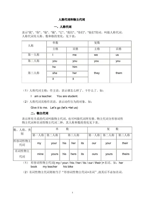 英语中人称代词和物主代词的表格