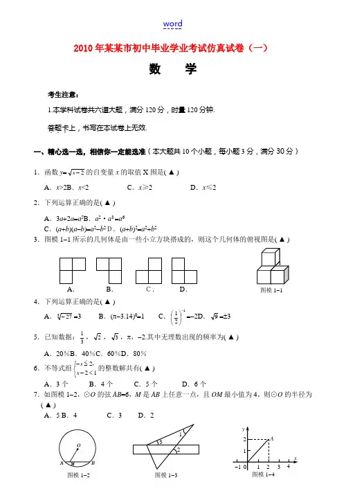 2010年娄底市初中毕业学业考试仿真试卷(一)