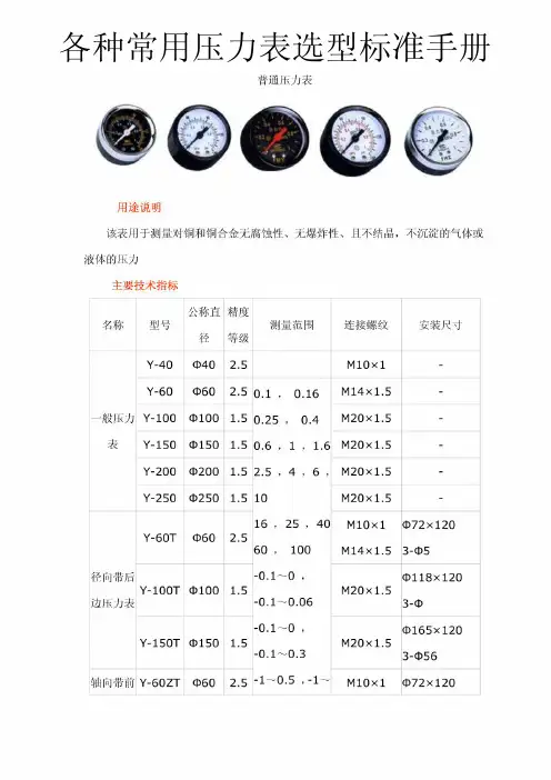 各种通用压力表选型标准手册
