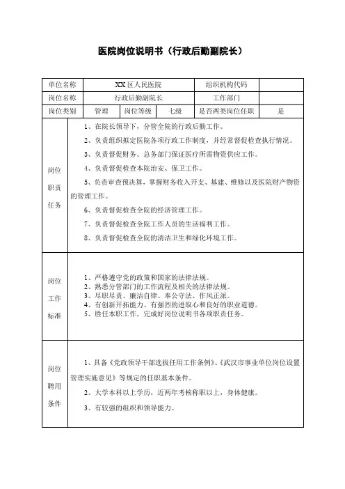 医院岗位说明书(行政后勤副院长)