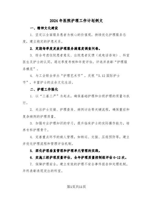 2024年医院护理工作计划例文（五篇）