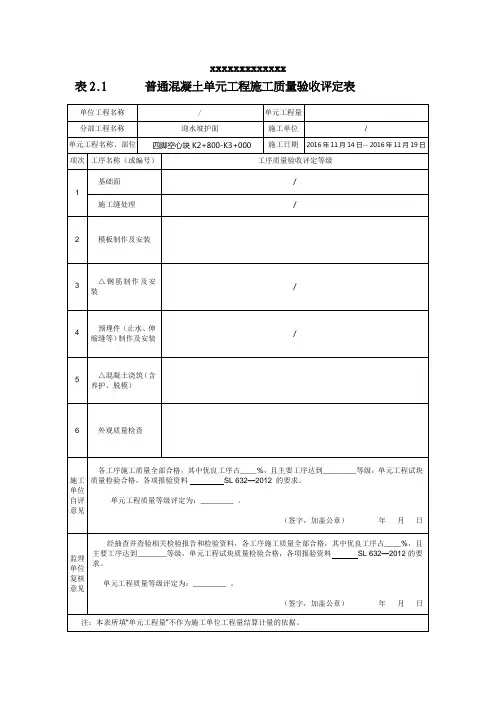 水利混凝土浇筑评定资料样表