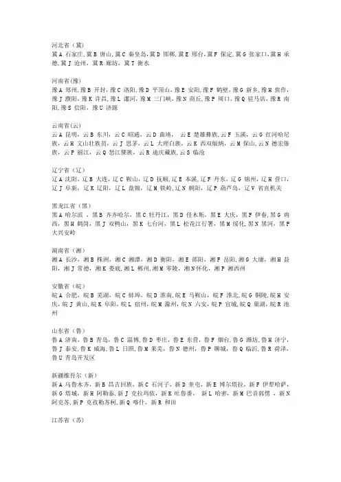 全国各地车牌字母代表城市