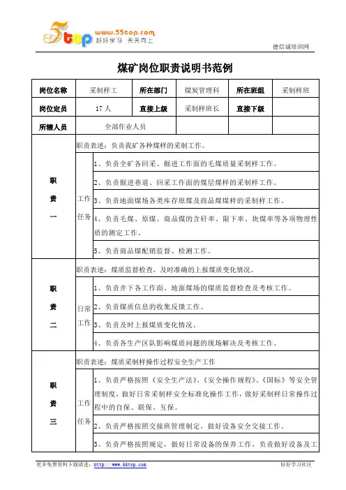 煤矿煤炭管理科采制样工岗位职责说明书