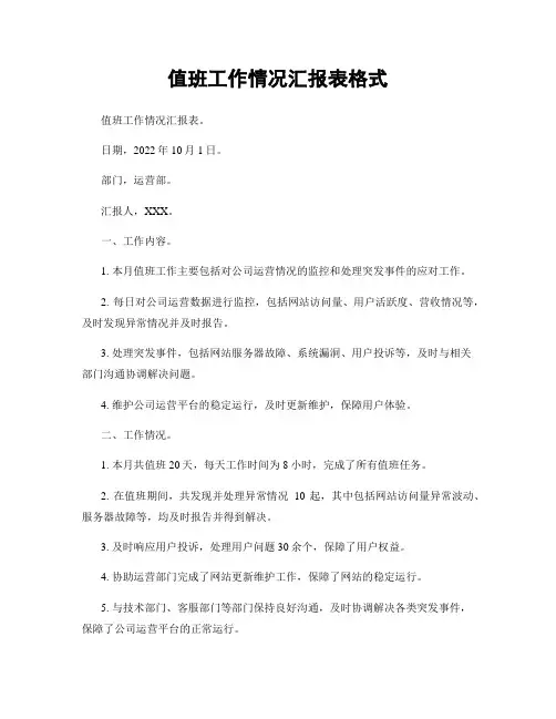 值班工作情况汇报表格式