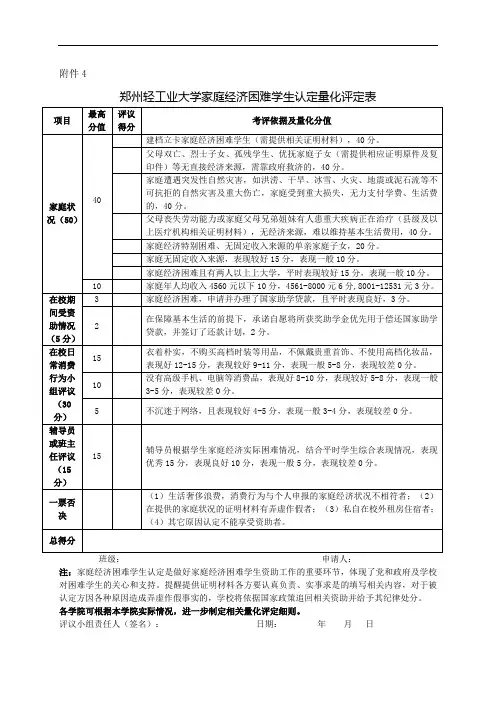 大学家庭经济困难学生认定量化评定表