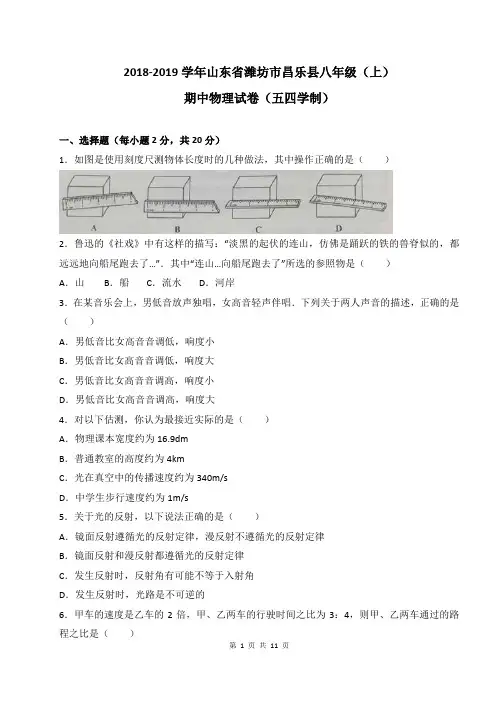 山东省潍坊市昌乐县2018-2019学年八年级上学期期中考试物理试题(WORD版)