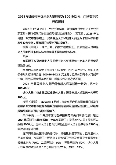 2023年西安市医保卡划入额调整为100-502元，门诊费正式开启报销