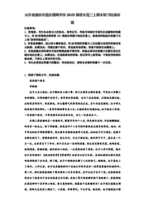 山东省潍坊市昌乐博闻学校2025届语文高三上期末复习检测试题含解析