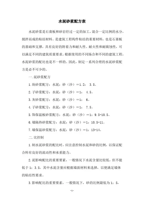 水泥砂浆配方表