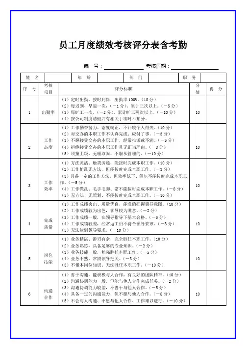 员工月度绩效考核评分表含考勤