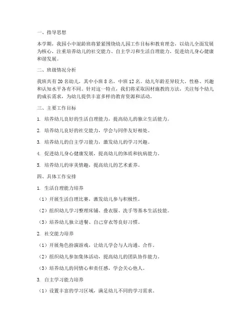 幼儿园小中混龄班工作计划