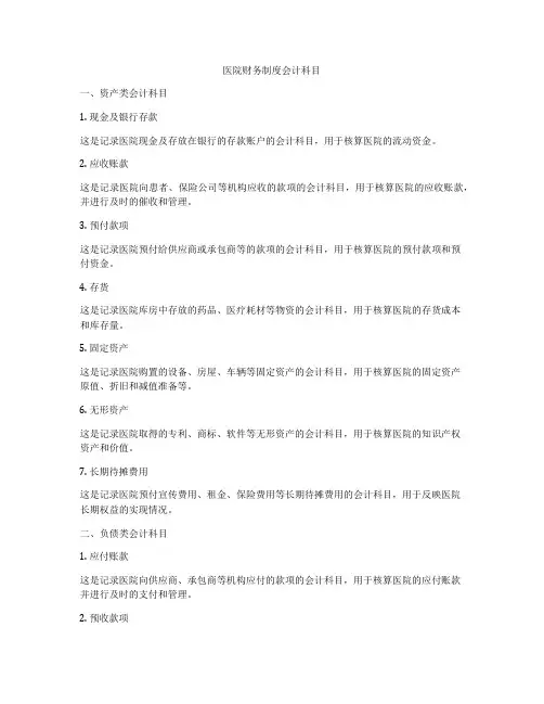 医院财务制度会计科目