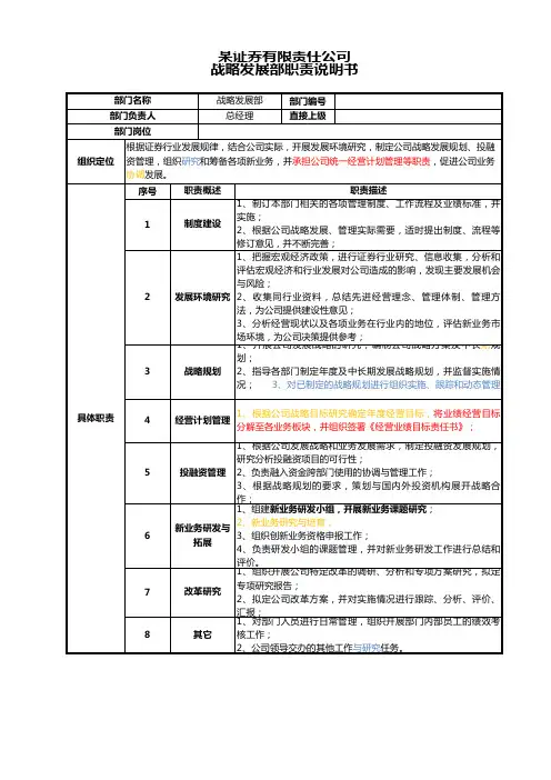 证券公司战略发展部部门职责说明书