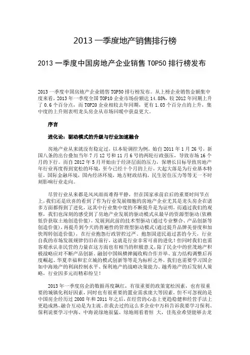 2013一季度地产销售排行榜