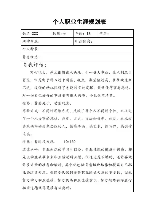个人职业生涯规划表