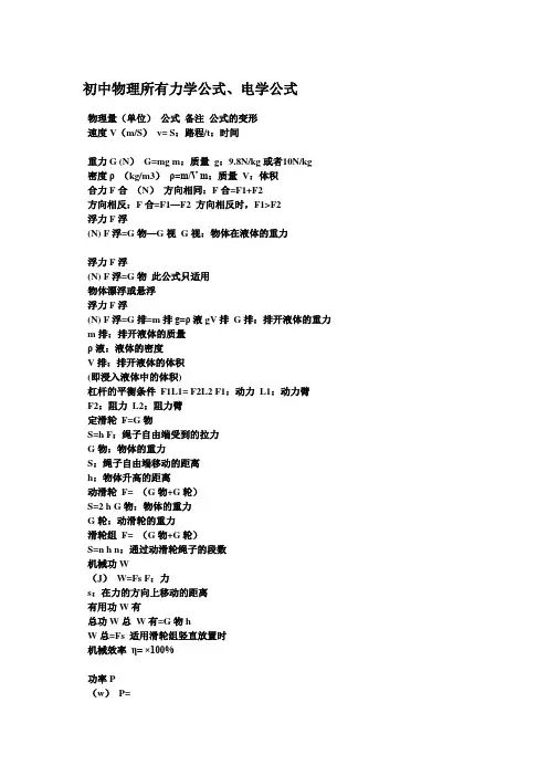 初中物理所有力学公式、电学公式