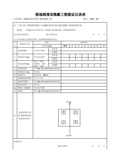 接地线埋设隐蔽工程签证记录表