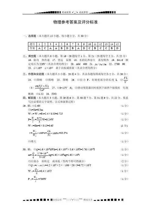 2007中考物理参考答案