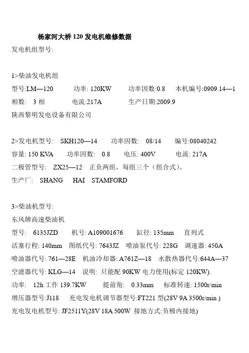 杨家河大桥120发电机维修数据