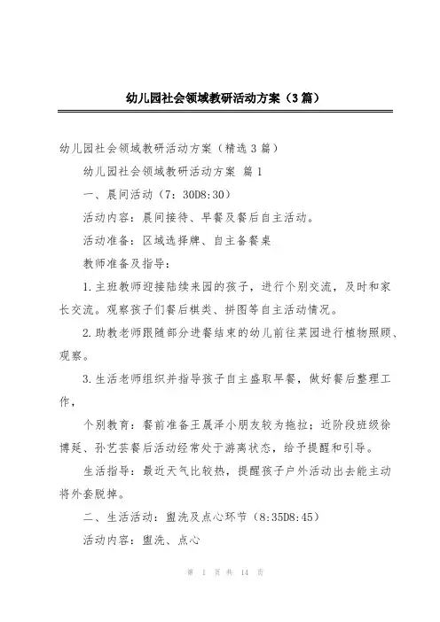 幼儿园社会领域教研活动方案(3篇)