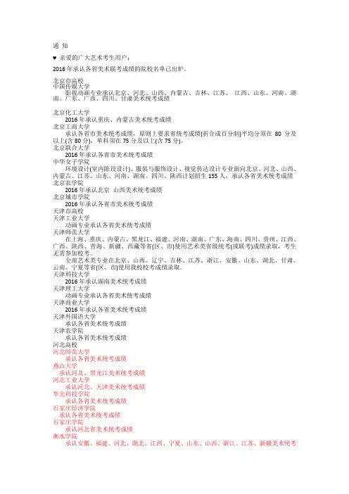 016年承认各省美术联考成绩的院校名单