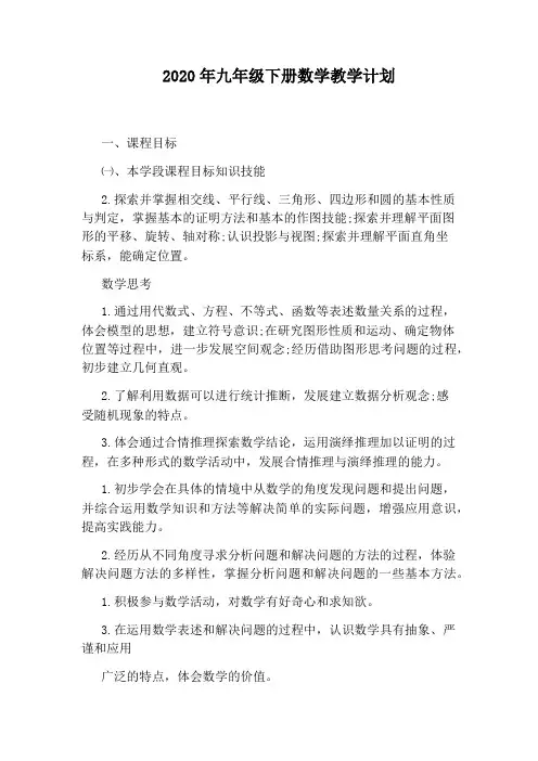2020年九年级下册数学教学计划