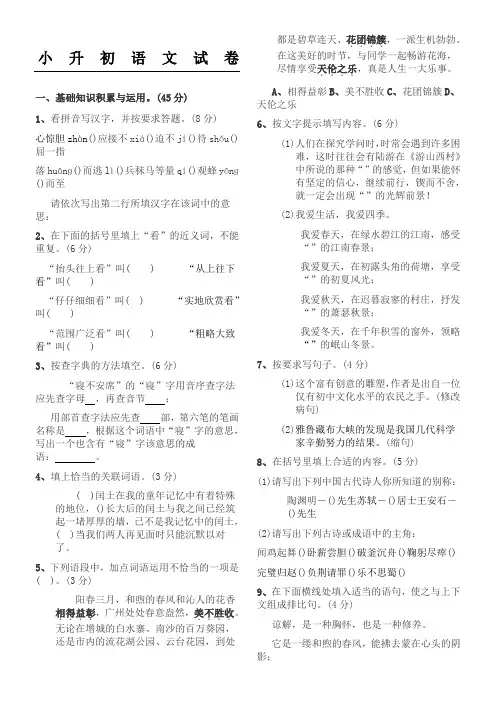 泰山博文中学小升初语文试卷及答案
